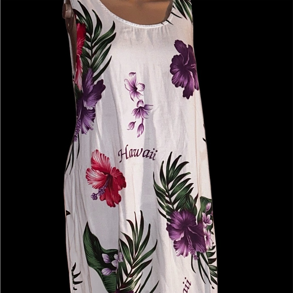 White Hawaiian Floral Midi Dress with Purple & Red Blossoms